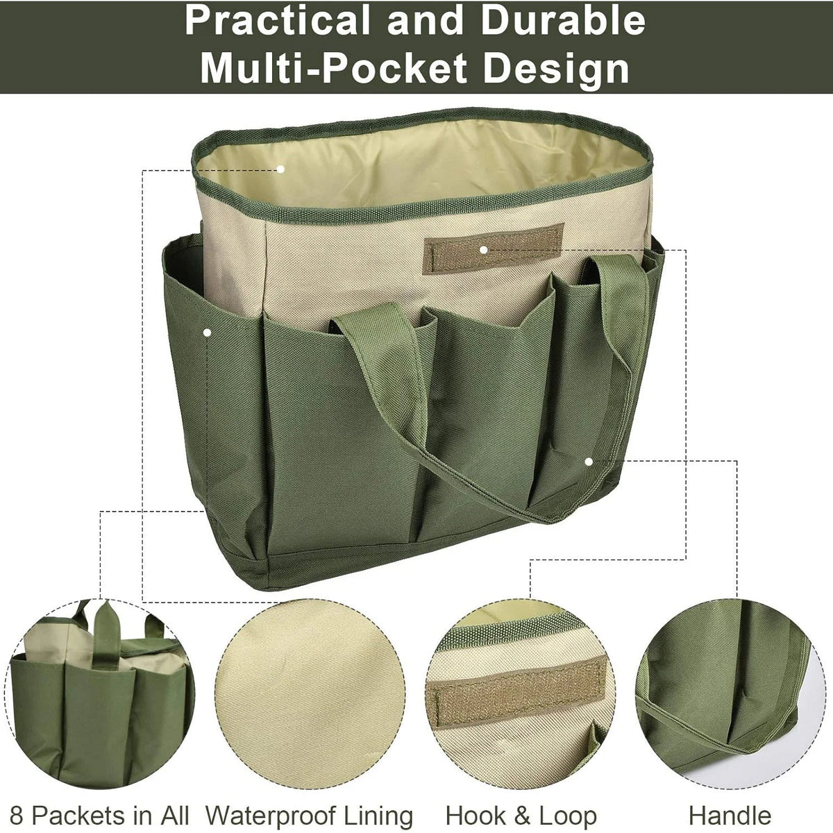 Garden Tool Tote Bag Multiple Pockets Water-Resistant Lining