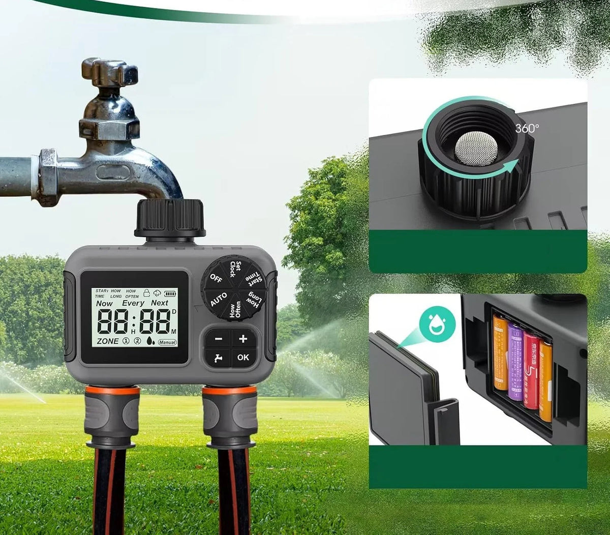 Garden Water Timer Dual-Outlet Programmable Weatherproof & Leak-Resistant Connectors