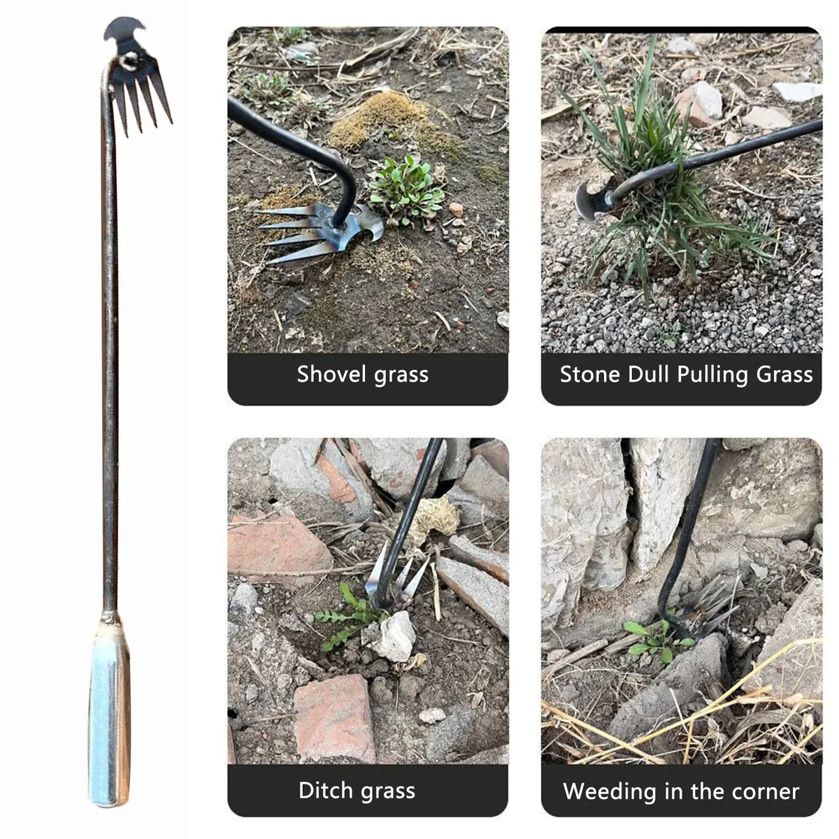 Garden Weeder Crescent Head Four-Tooth Long Ergonomic Handle