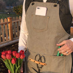 Gardening Apron Waxed Cotton Canvas Multiple Pockets & Adjustable Cross Straps