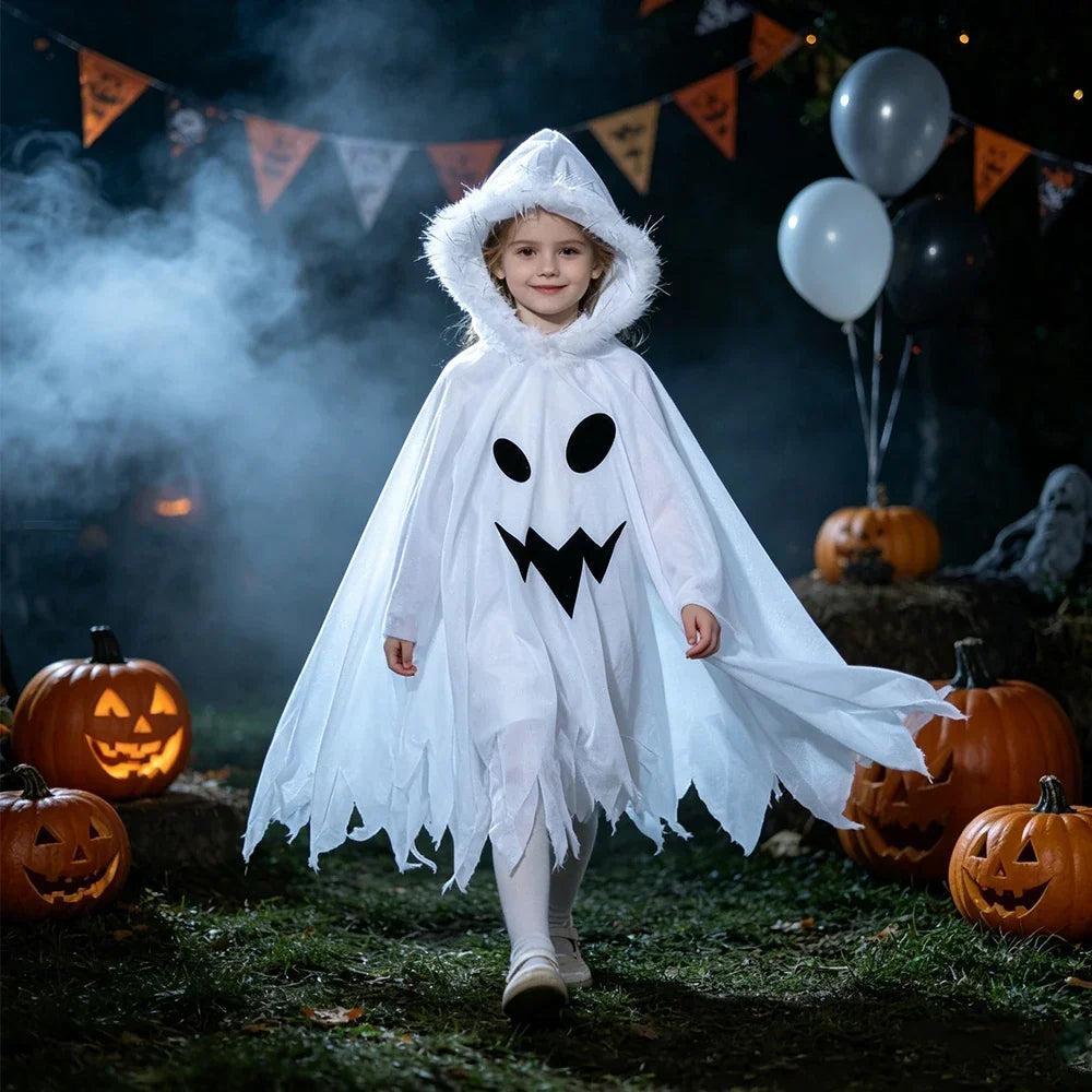 Ghost Costume Hooded Cape Faux Fur Trim Jagged Hem