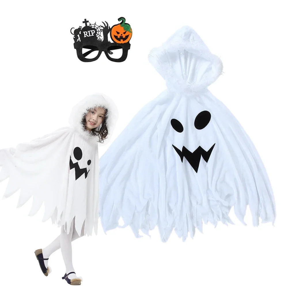 Ghost Costume Hooded Cape Faux Fur Trim Jagged Hem
