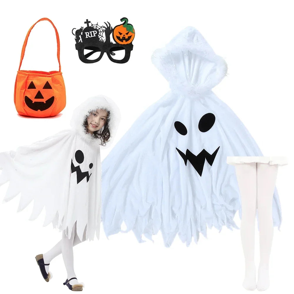 Ghost Costume Hooded Cape Faux Fur Trim Jagged Hem