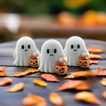 Ghost Figurine Set of 3 White Resin Pumpkin Details