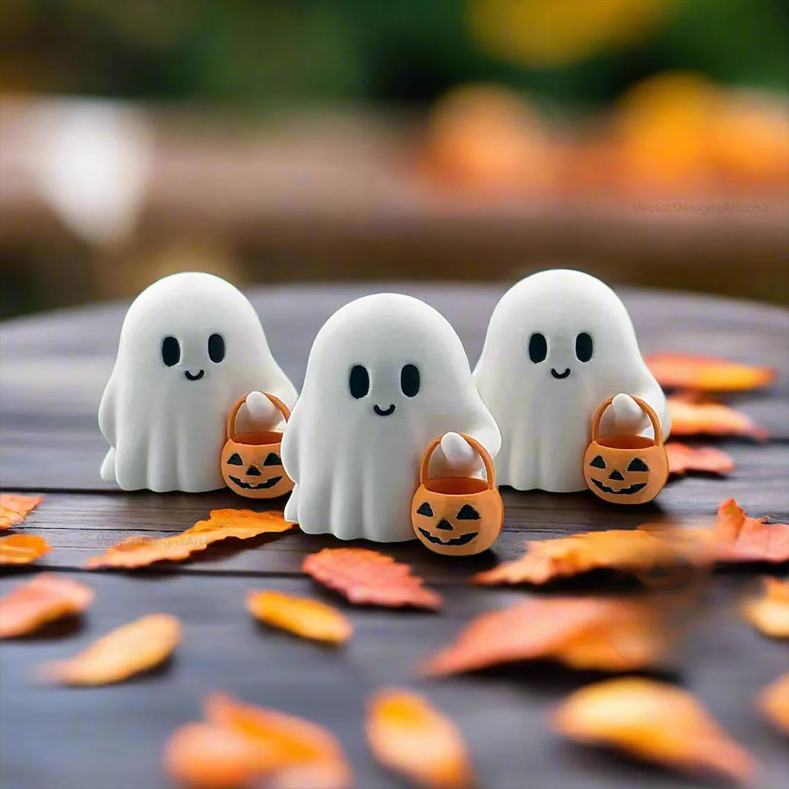 Ghost Figurine Set of 3 White Resin Pumpkin Details