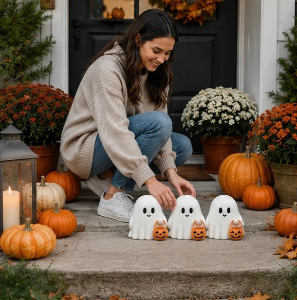 Ghost Figurine Set of 3 White Resin Pumpkin Details