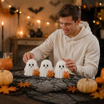 Ghost Figurine Set of 3 White Resin Pumpkin Details