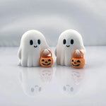 Ghost Figurine Set of 3 White Resin Pumpkin Details
