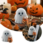 Ghost Figurine Set of 3 White Resin Pumpkin Details