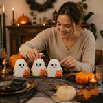 Ghost Figurine Set of 3 White Resin Pumpkin Details