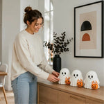 Ghost Figurine Set of 3 White Resin Pumpkin Details