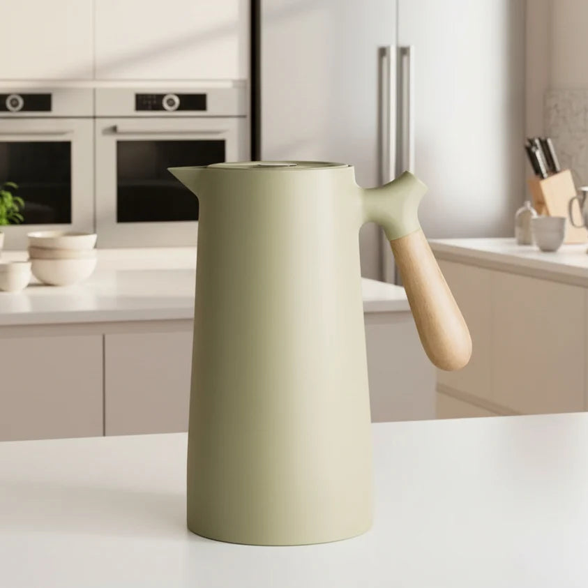 Glass Carafe Double-Walled Wooden Handle for Hot & Cold Drinks