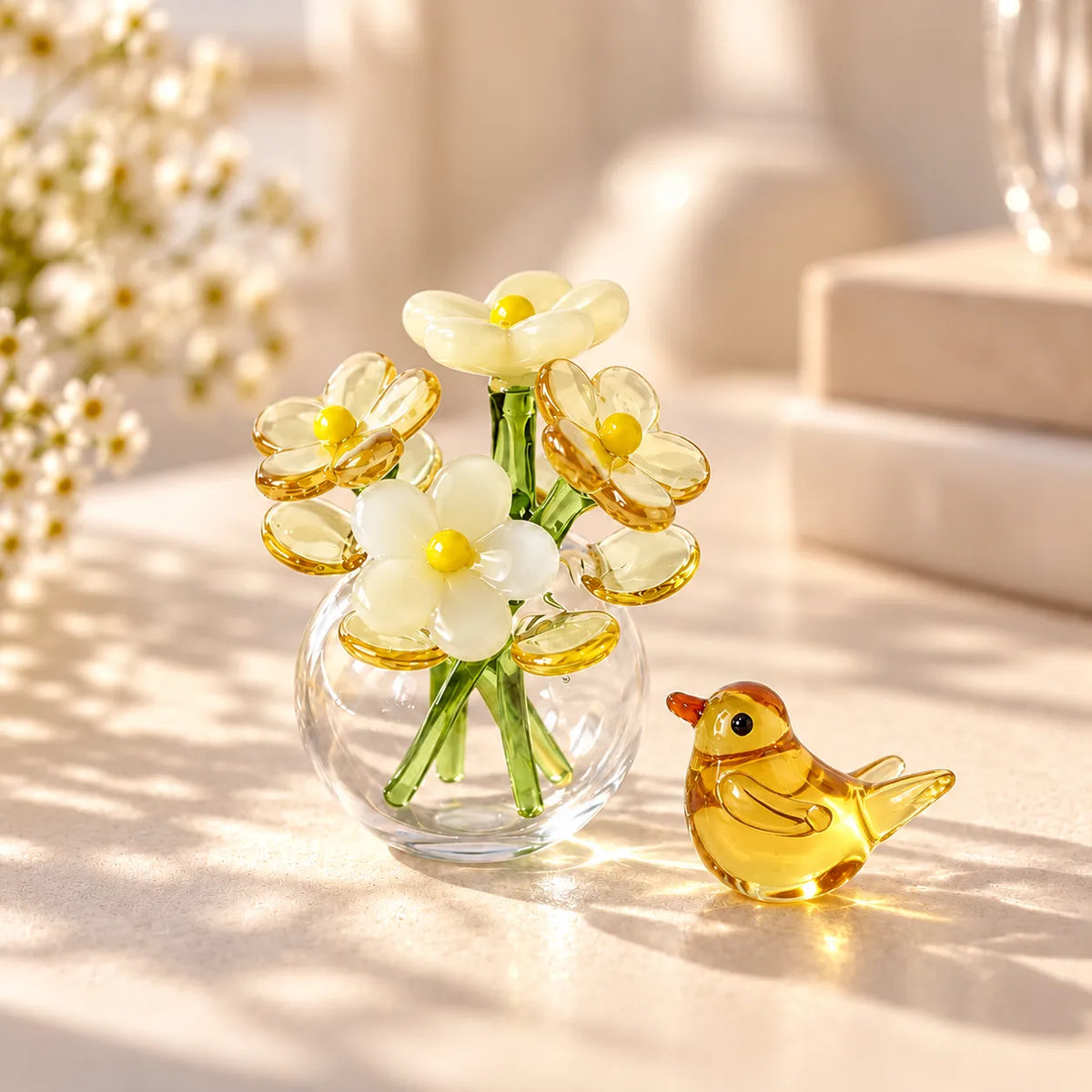 Glass Decor Set Handmade Miniature Vase & Bird