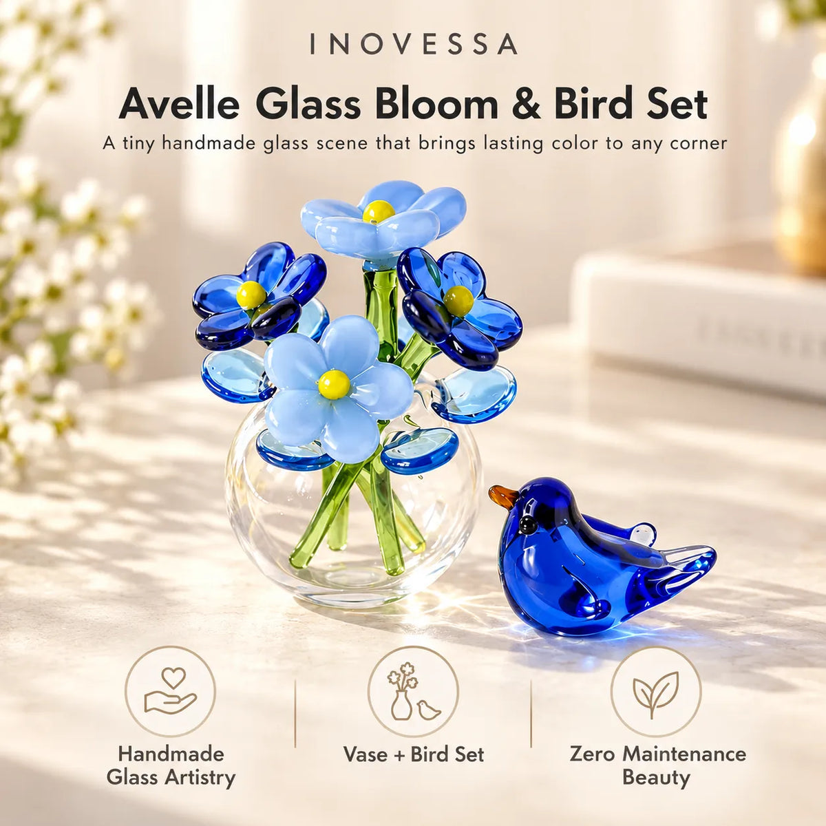 Glass Decor Set Handmade Miniature Vase & Bird