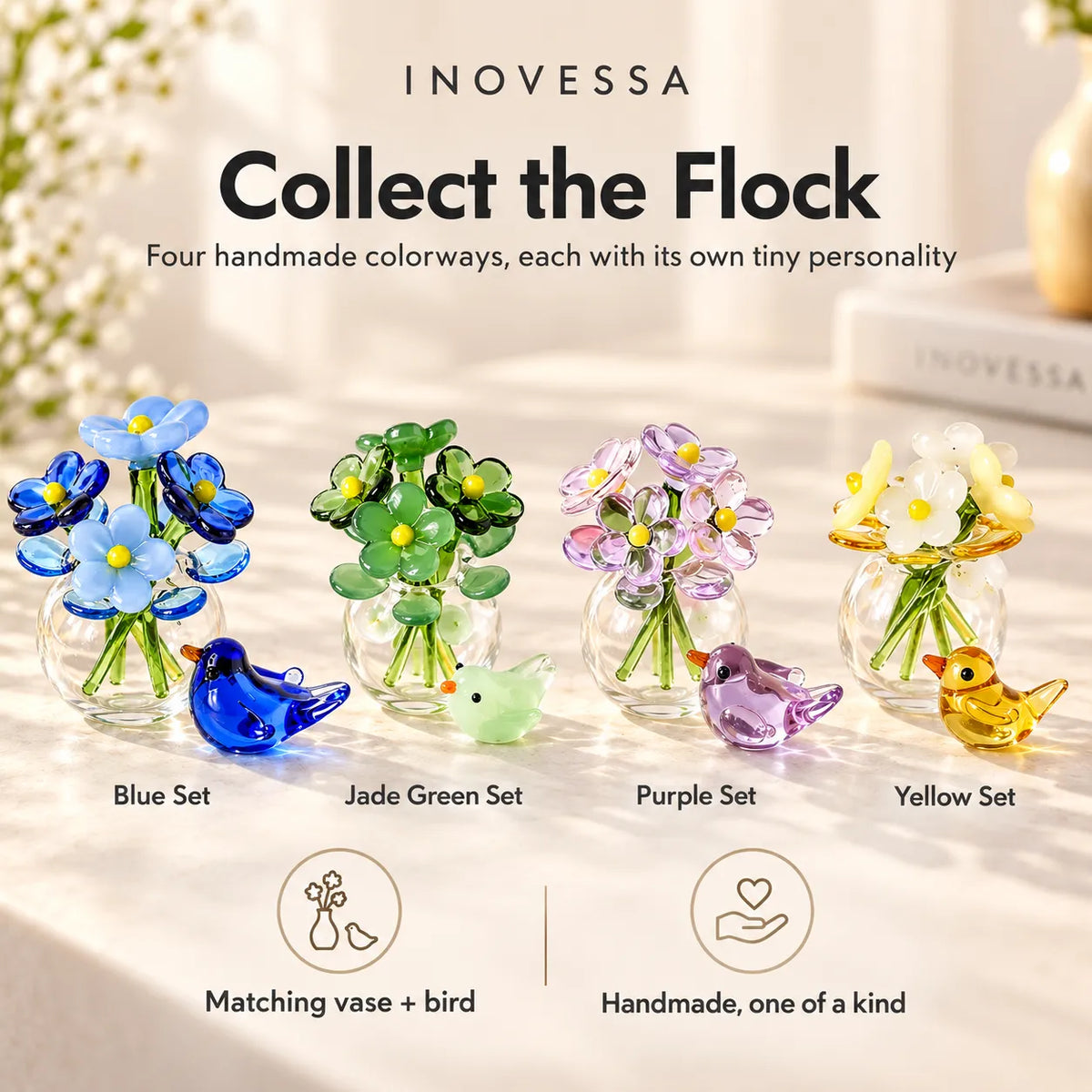 Glass Decor Set Handmade Miniature Vase & Bird