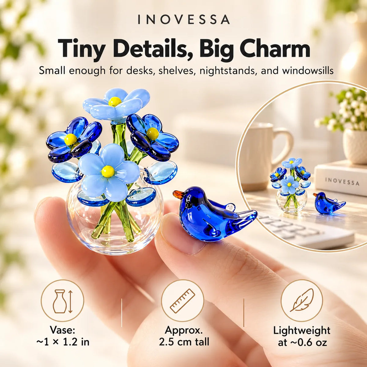 Glass Decor Set Handmade Miniature Vase & Bird