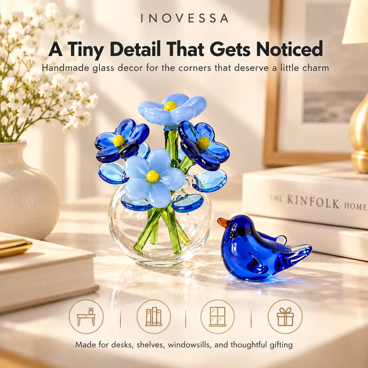 Glass Decor Set Handmade Miniature Vase & Bird