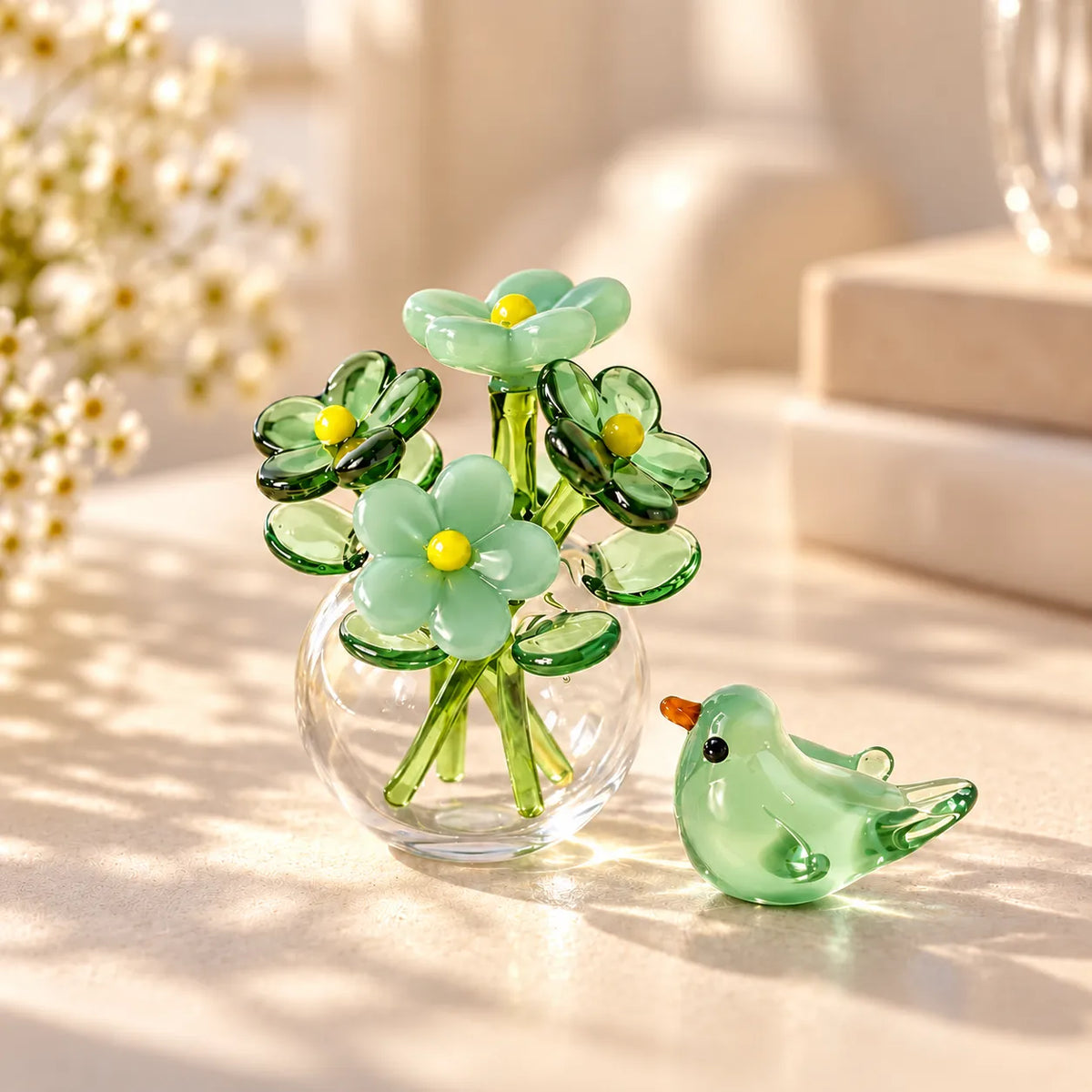 Glass Decor Set Handmade Miniature Vase & Bird
