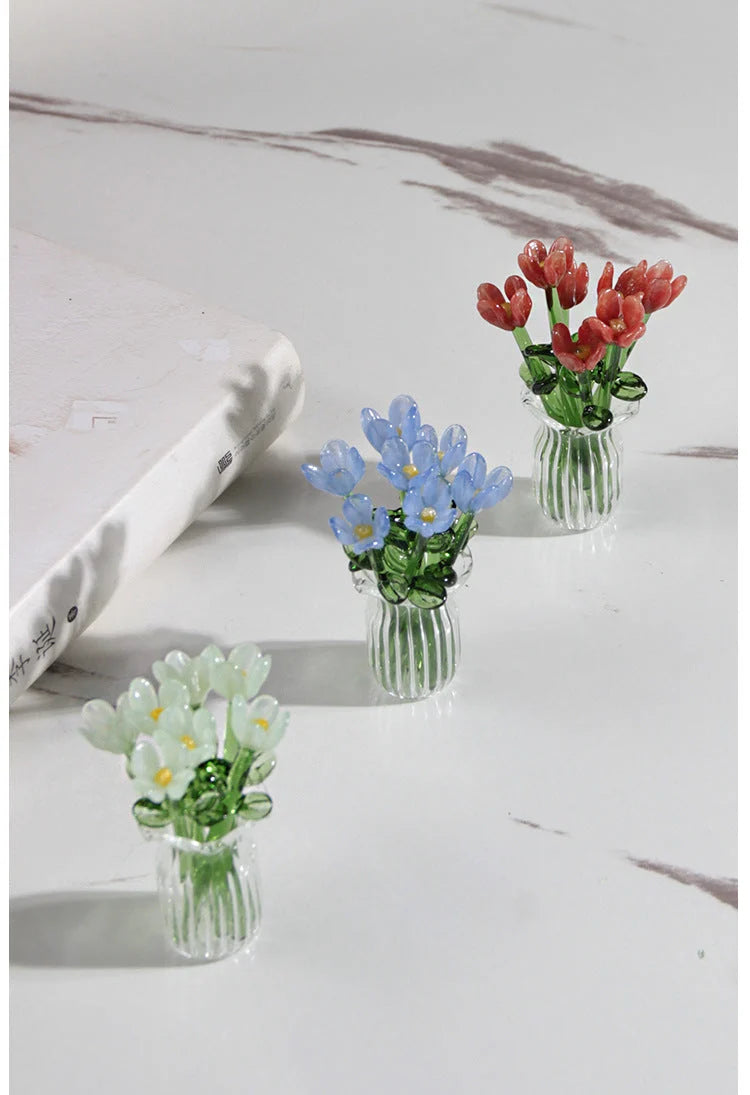 Glass Flower Bouquet Colored Glaze Set of 7 With Vase