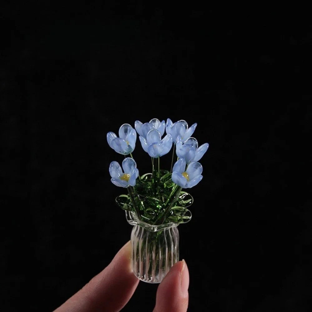 Glass Flower Bouquet Colored Glaze Set of 7 With Vase