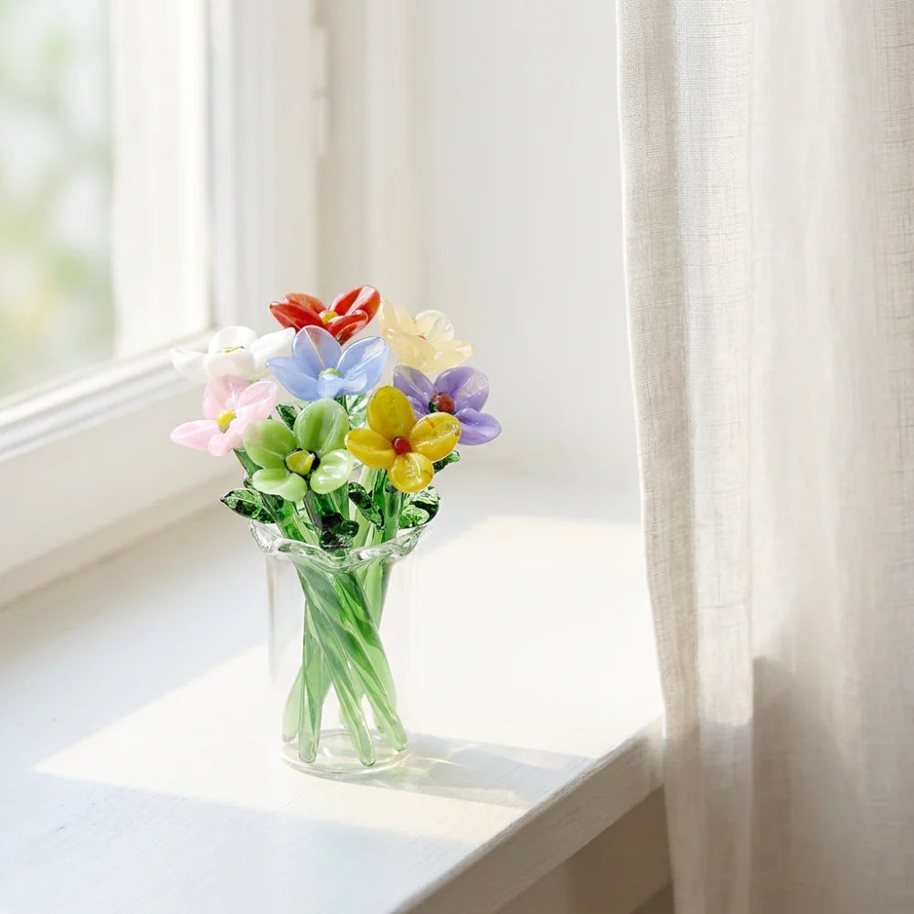 Glass Flower Bouquet Colored Glaze Vase Included
