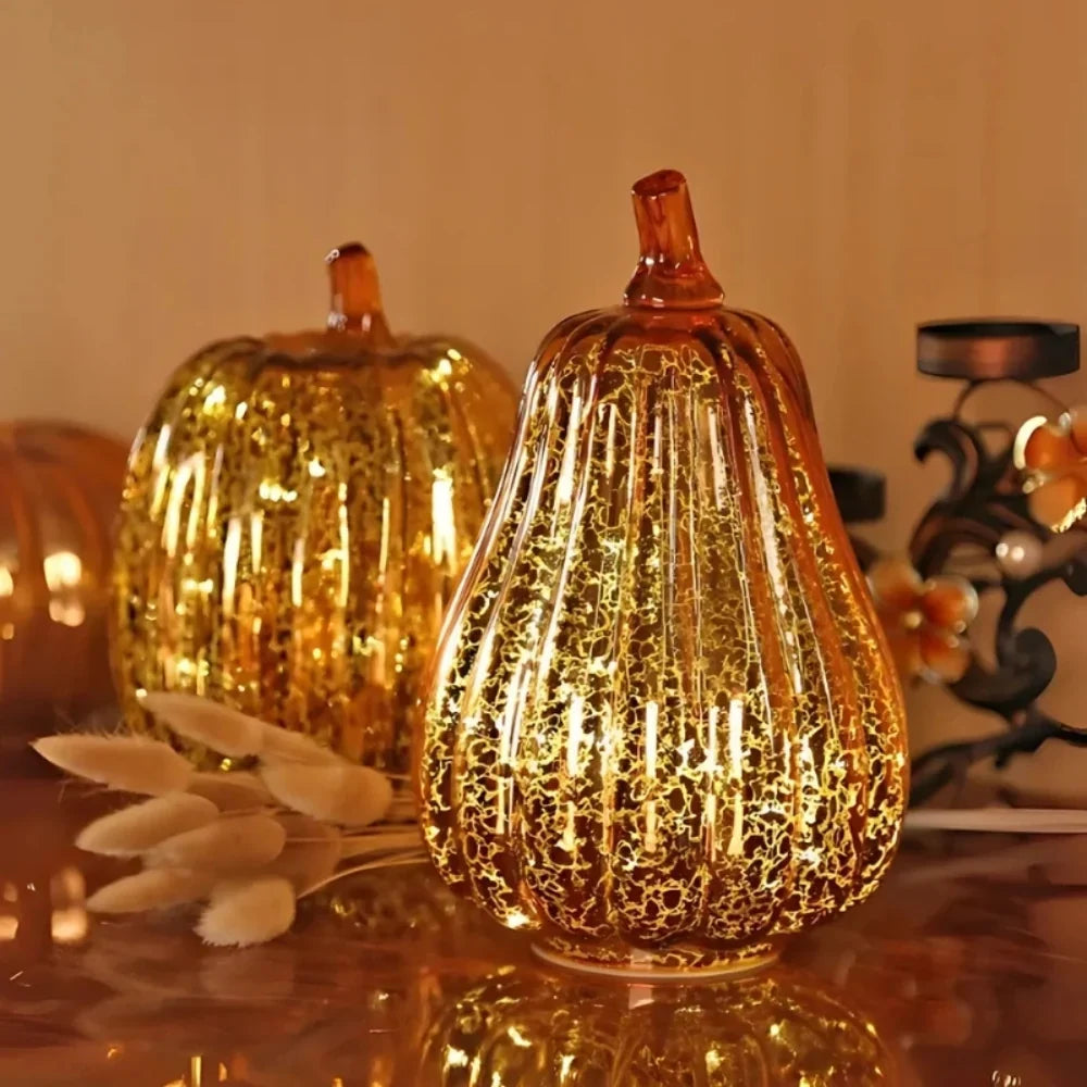 Glass Pumpkin Lamp Hand-Blown Warm White Light With Timer