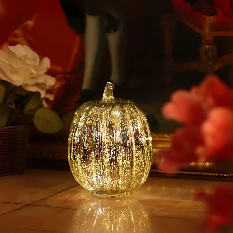 Glass Pumpkin Lamp Hand-Blown Warm White Light With Timer