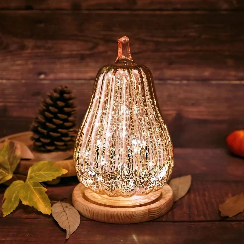 Glass Pumpkin Lamp Hand-Blown Warm White Light With Timer
