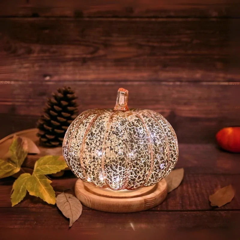 Glass Pumpkin Lamp Hand-Blown Warm White Light With Timer