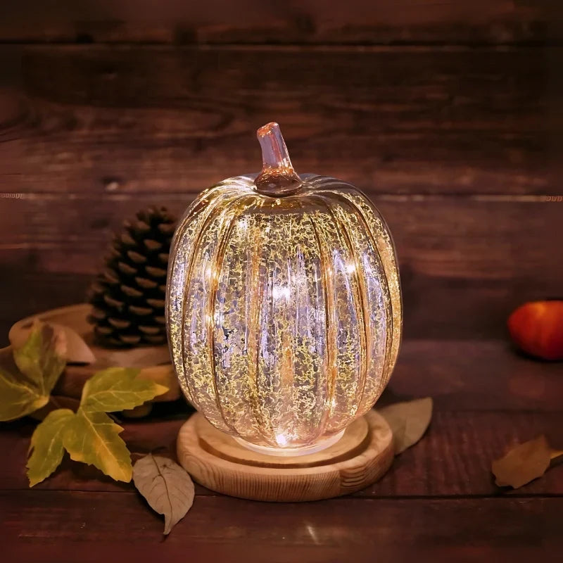 Glass Pumpkin Lamp Hand-Blown Warm White Light With Timer