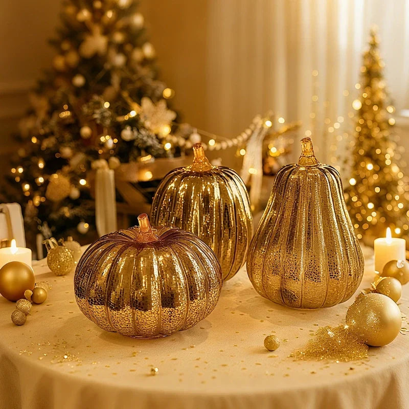 Glass Pumpkin Lamp Hand-Blown Warm White Light With Timer