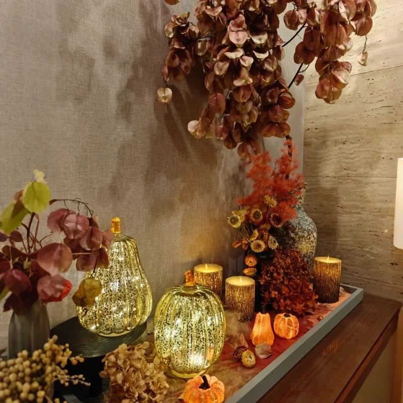 Glass Pumpkin Lamp Hand-Blown Warm White Light With Timer