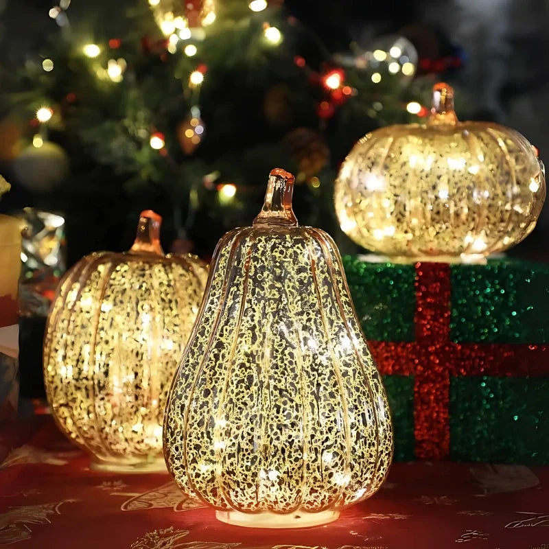 Glass Pumpkin Lamp Hand-Blown Warm White Light With Timer
