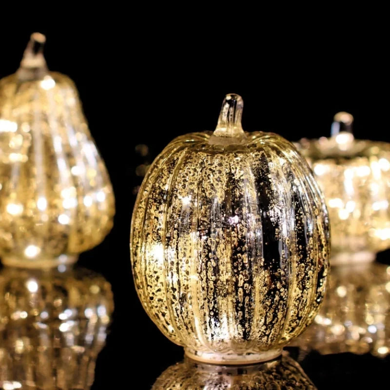 Glass Pumpkin Lamp Hand-Blown Warm White Light With Timer