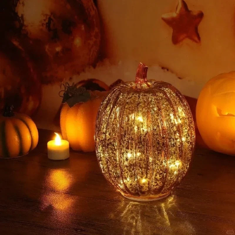 Glass Pumpkin Lamp Hand-Blown Warm White Light With Timer