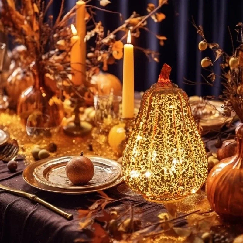 Glass Pumpkin Lamp Hand-Blown Warm White Light With Timer