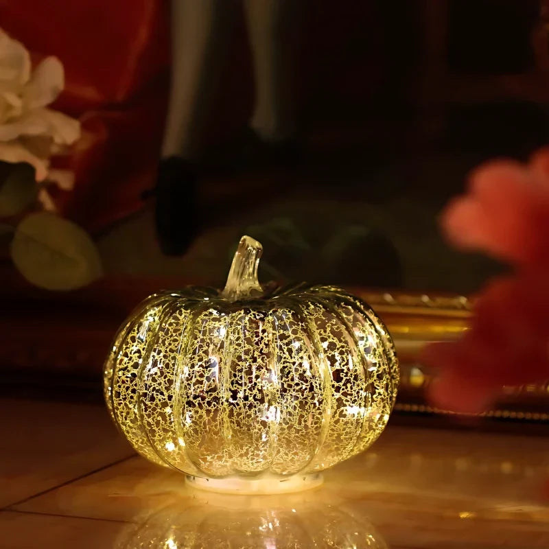 Glass Pumpkin Lamp Hand-Blown Warm White Light With Timer