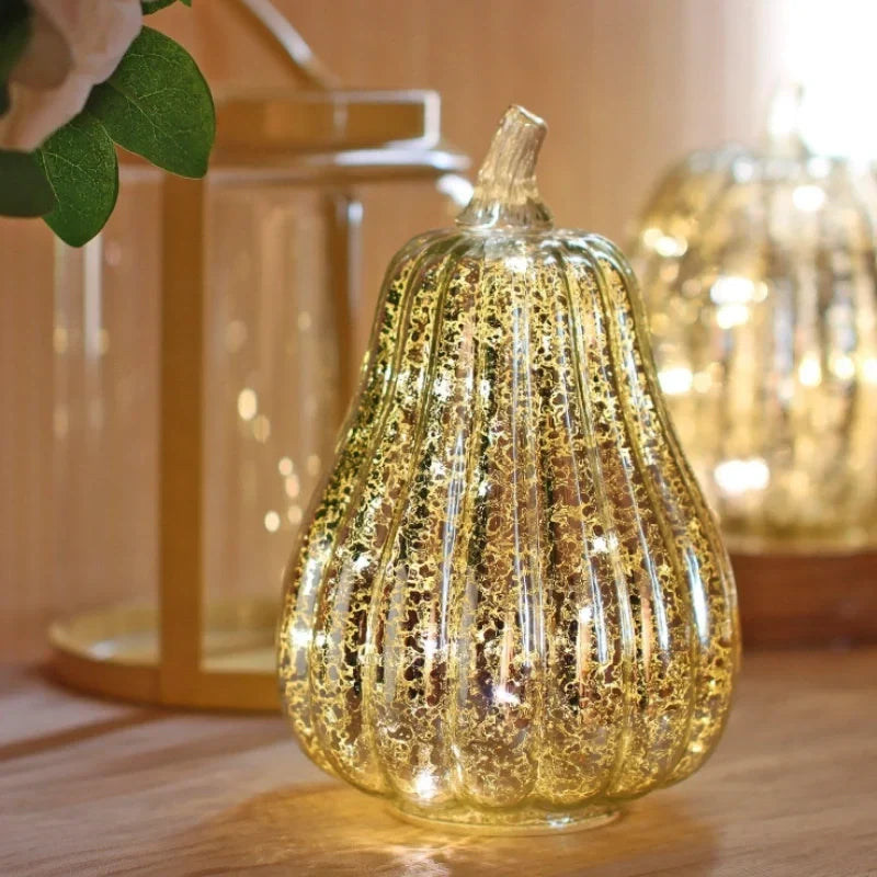 Glass Pumpkin Lamp Hand-Blown Warm White Light With Timer