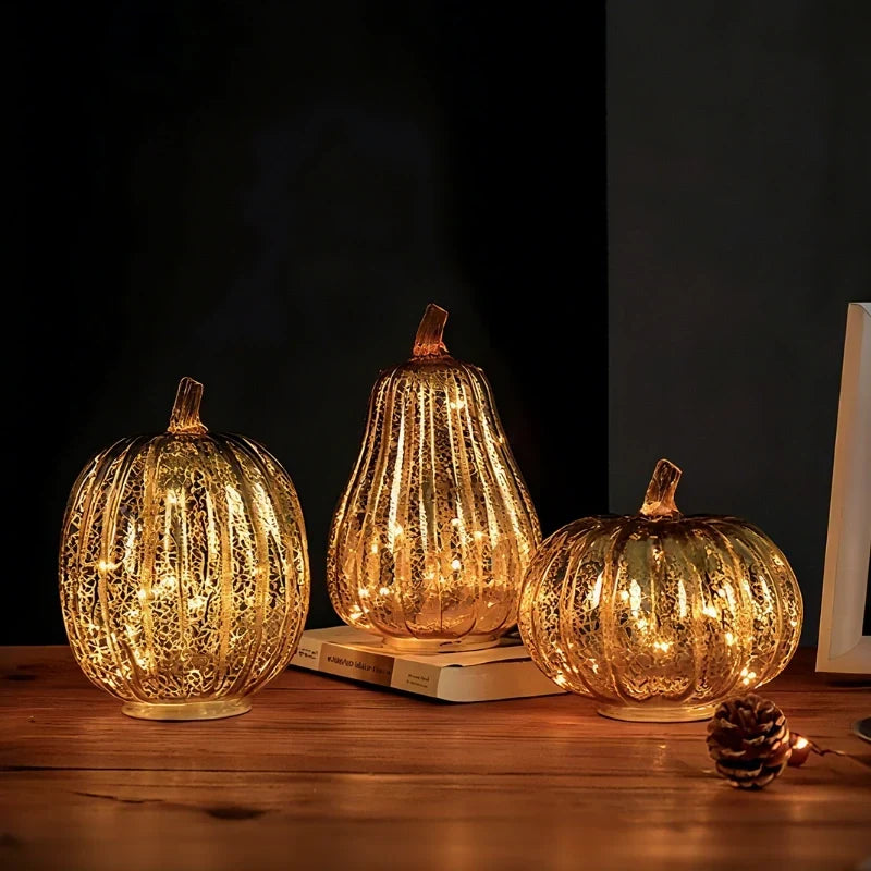 Glass Pumpkin Lamp Hand-Blown Warm White Light With Timer