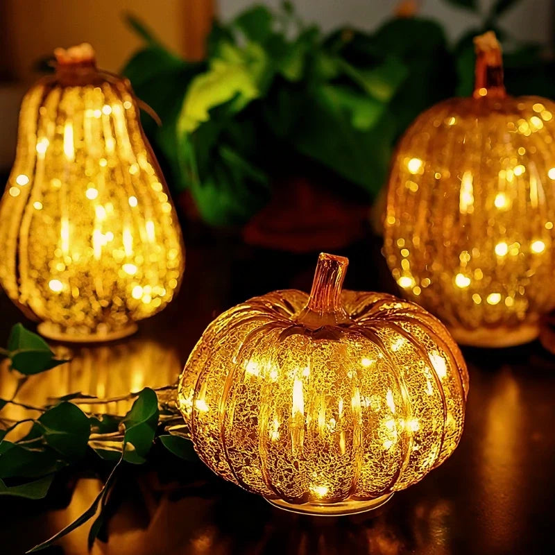 Glass Pumpkin Lamp Hand-Blown Warm White Light With Timer