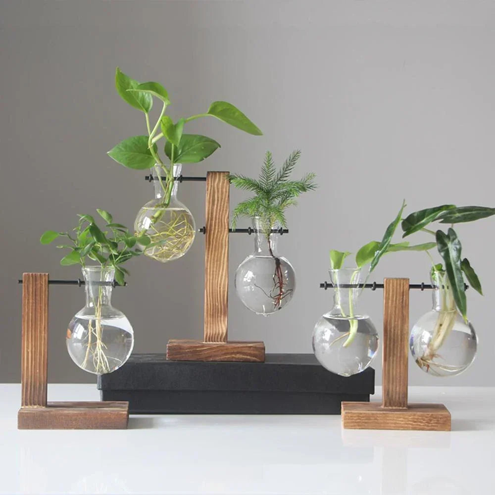 Glass Vase Clear Glass Wooden Stand Tabletop Décor