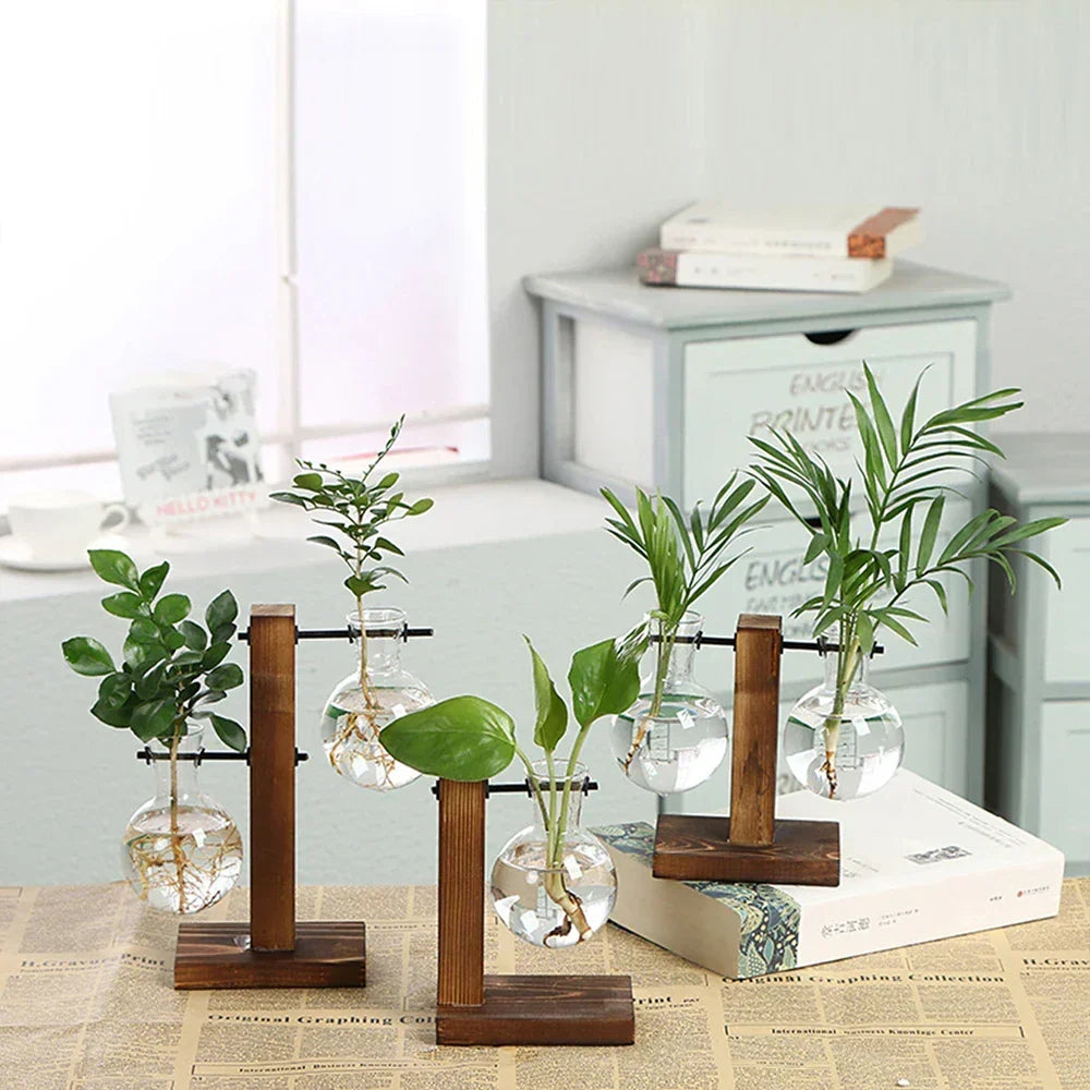 Glass Vase Clear Glass Wooden Stand Tabletop Décor