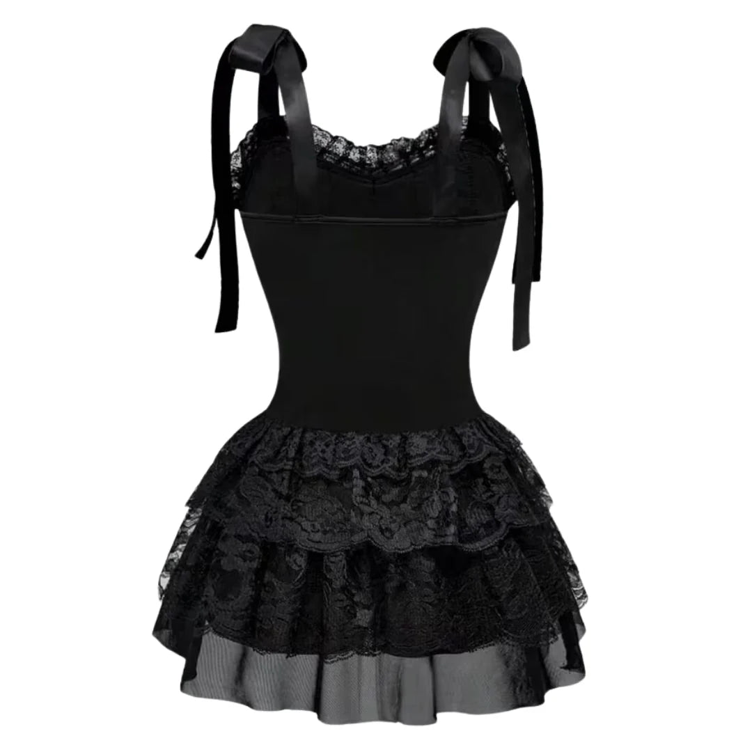 Gothic Corset Dress Lace Trim Layered Skirt