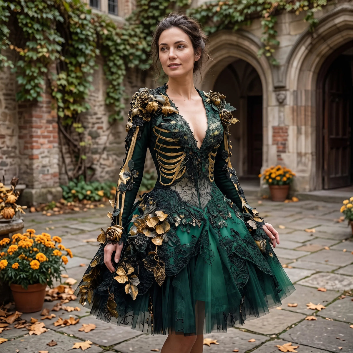 Gothic Costume Dress Skeleton Appliqués Gold-Tone Flowers Layered Skirt