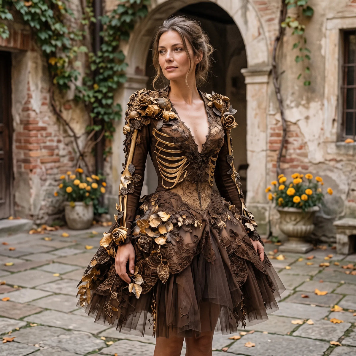 Gothic Costume Dress Skeleton Appliqués Gold-Tone Flowers Layered Skirt