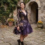 Gothic Costume Dress Skeleton Appliqués Gold-Tone Flowers Layered Skirt