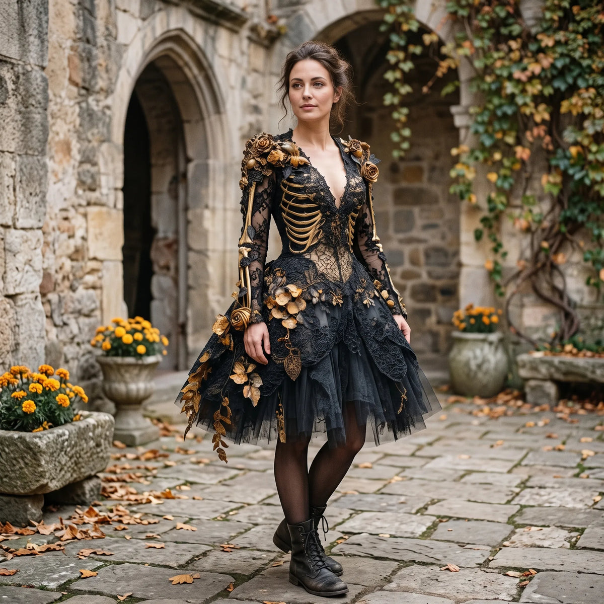 Gothic Costume Dress Skeleton Appliqués Gold-Tone Flowers Layered Skirt