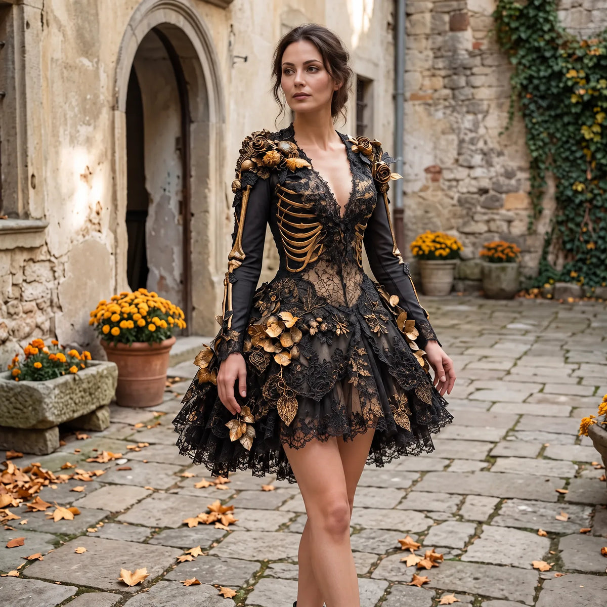 Gothic Costume Dress Skeleton Appliqués Gold-Tone Flowers Layered Skirt