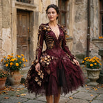 Gothic Costume Dress Skeleton Appliqués Gold-Tone Flowers Layered Skirt