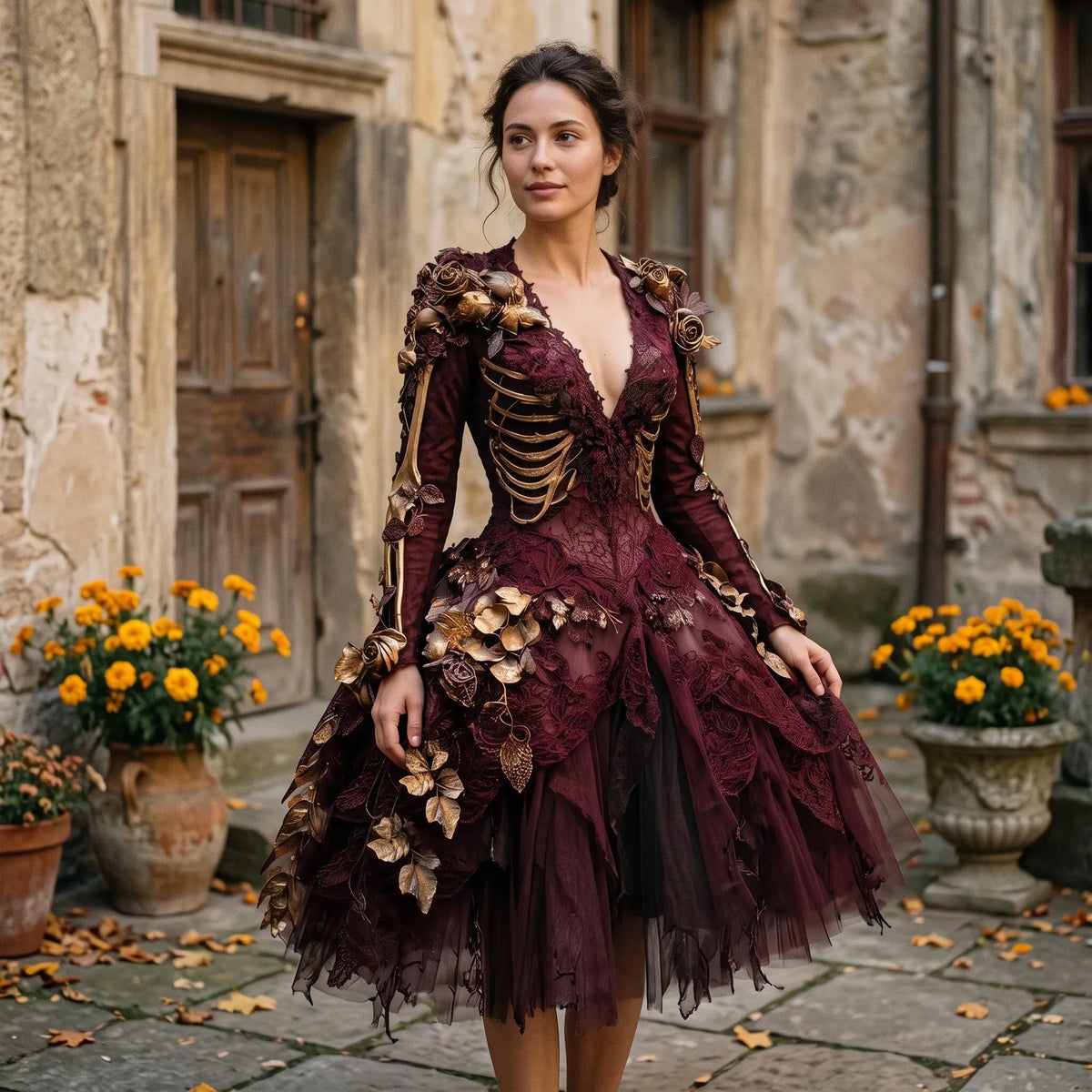 Gothic Costume Dress Skeleton Appliqués Gold-Tone Flowers Layered Skirt